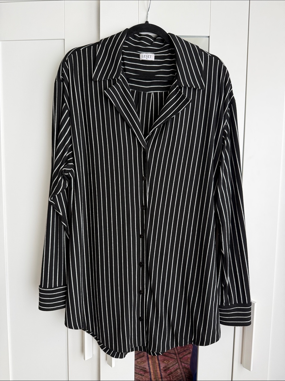 LESET Black Button Down Shirt with White Pinstripes - size XL